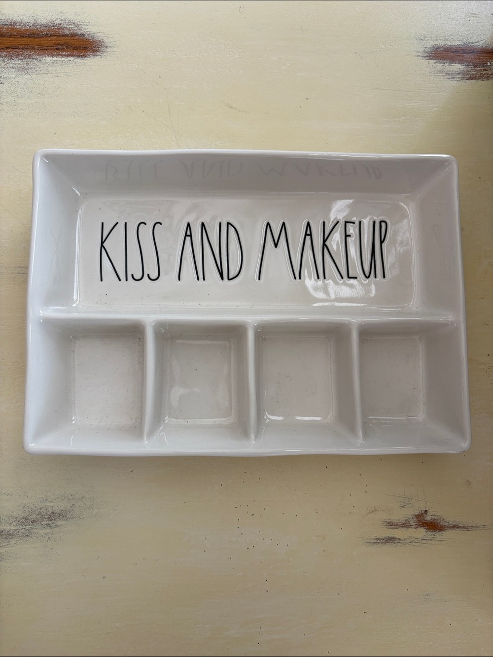 Rae Dunn “Kiss and Makeup” ceramic white Jewelry makeup storage tray